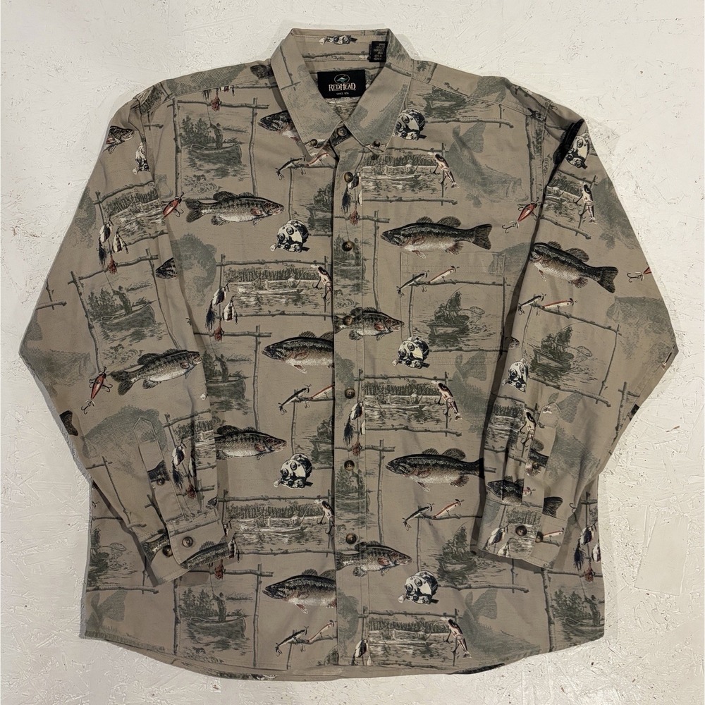 RedHead Fishing Shirt Mens L Khaki Tan Bass Lure Print Long Sleeve AOP Gorpcore